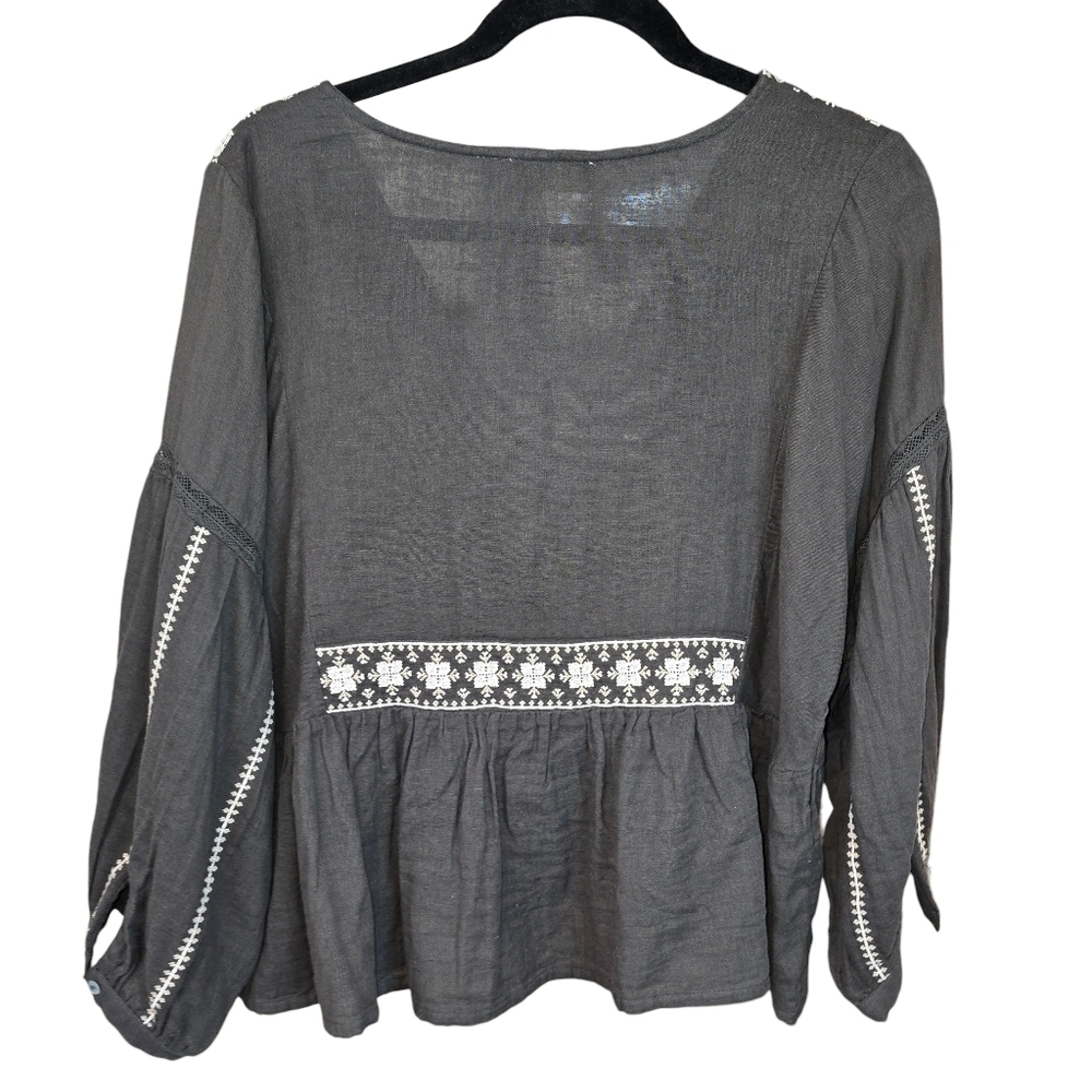 Lucky Brand Embroidered Cotton Peasant Blouse Boho V-Neck Balloon Sleeve Size M. - Picture 10 of 16